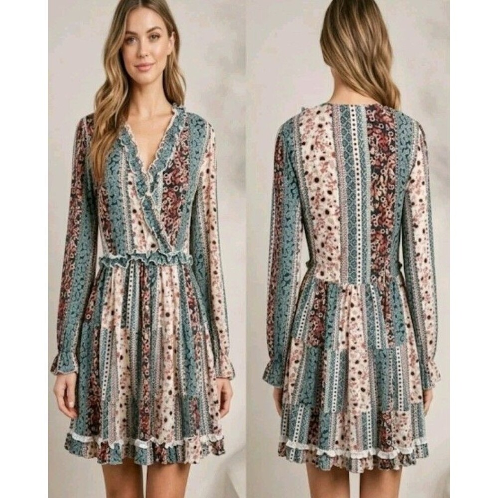 Birch And Stone Dress Size M Ruffle Hem Neckline Floral V Neck Long Sleeve